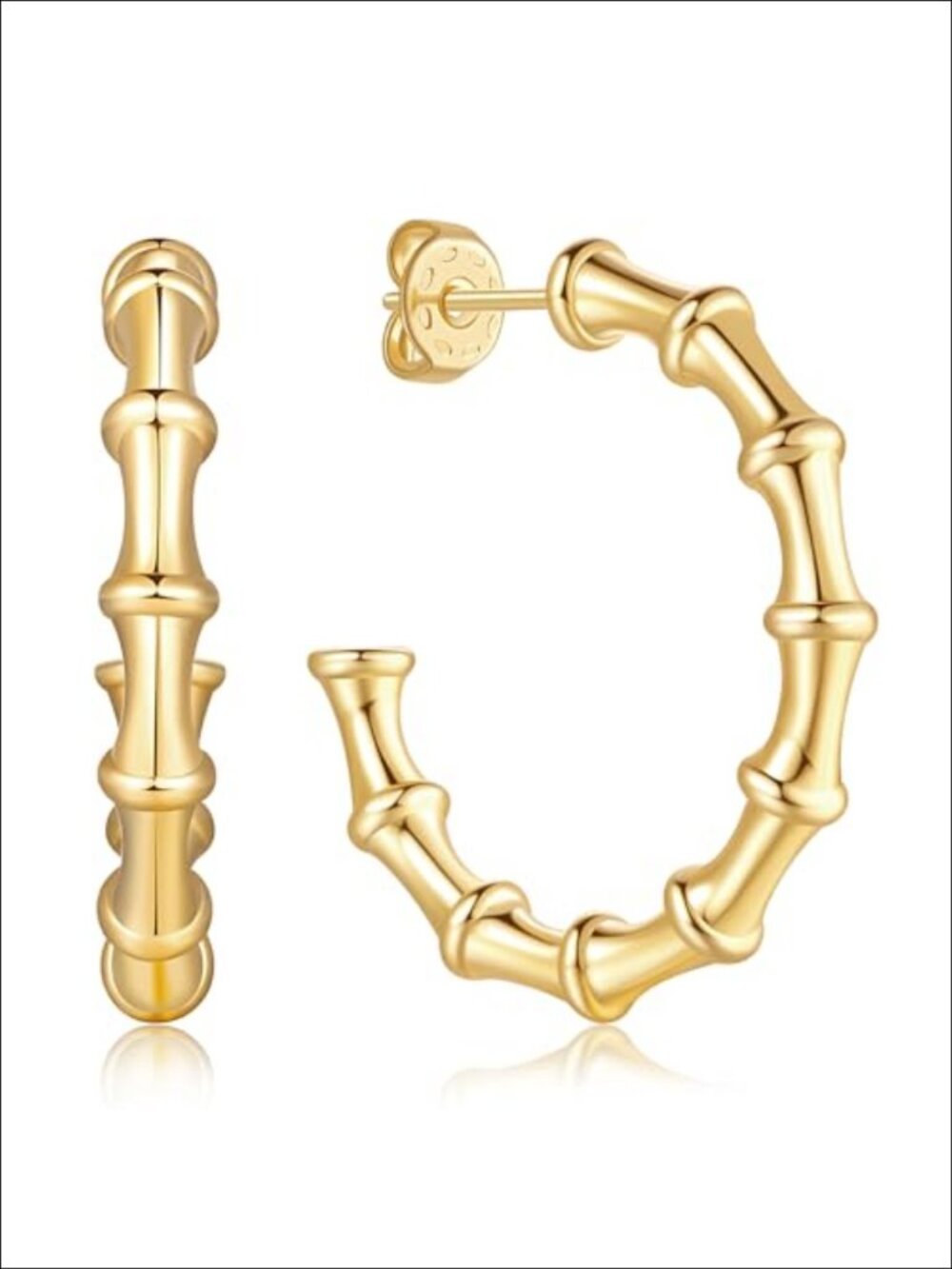 14K Gold Hoop Earrings Bamboo Design Large 30mm Thick Hoops for Women